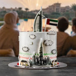 Cake with architectural designs and a flag, set against a blurred background of people and a scenic view.