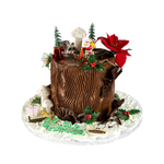Decorative cake shaped like a tree stump with Christmas-themed elements on a white background