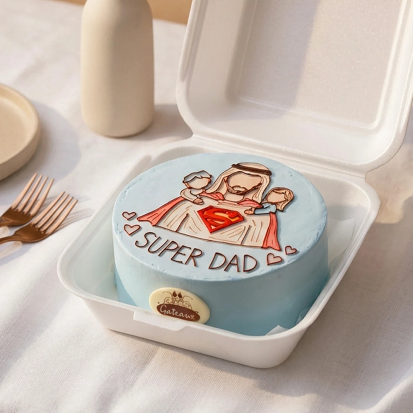 Small round cake with 'Super Dad' text and cartoon character in a takeout container.