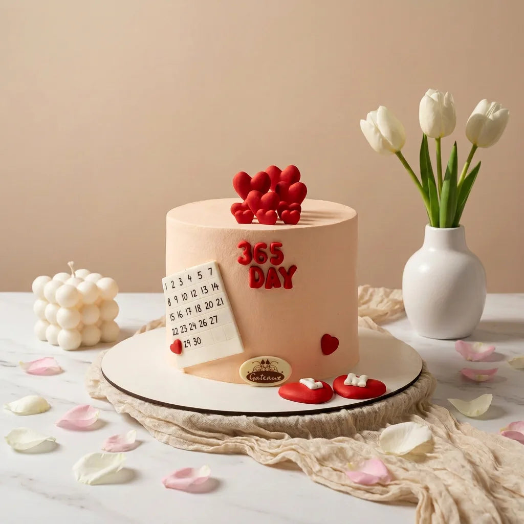A round peach-colored cake decorated with red heart-shaped fondant, a small calendar card, and red '365 DAY' lettering, displayed on a white platter with tulips and rose petals in a styled setting.