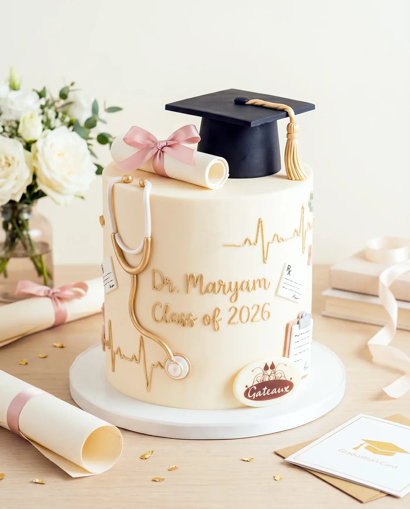 Graduation-themed cake with a stethoscope, diploma, and graduation cap on a light background.
