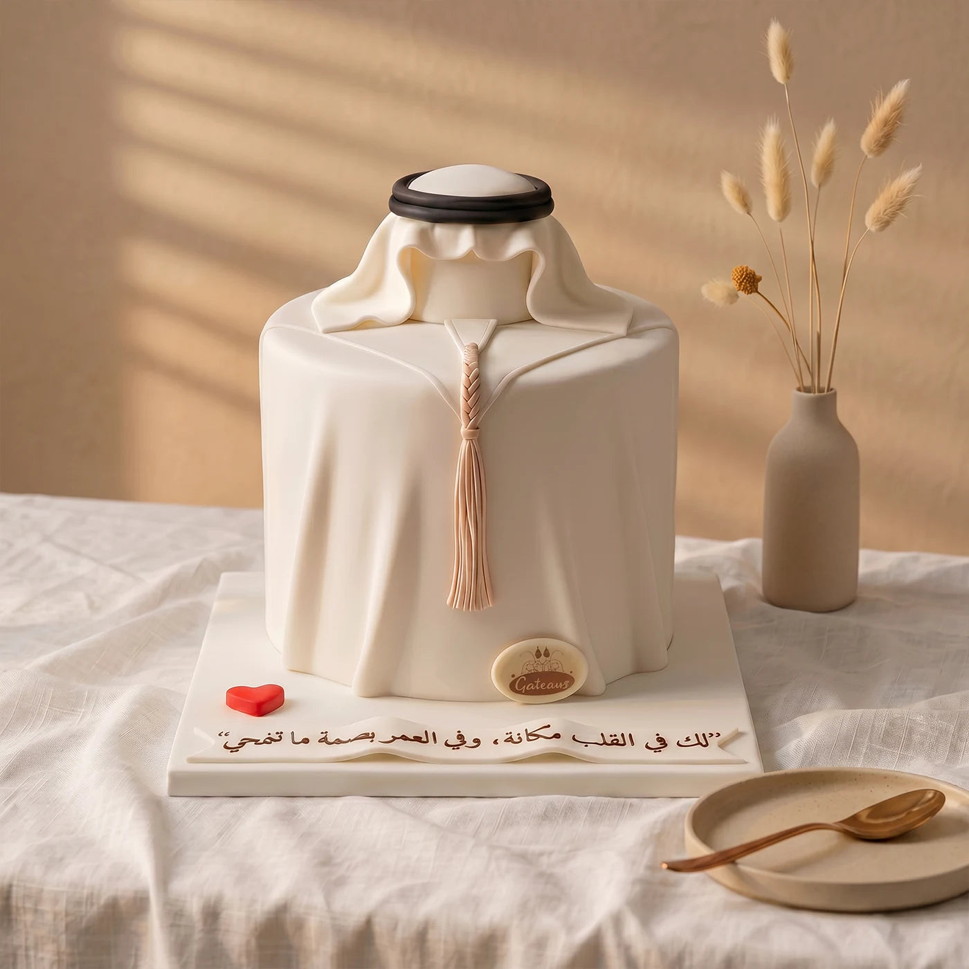 Cake designed to resemble a traditional Middle Eastern outfit on a table with a vase and plate in the background.