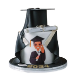 Graduation-themed cake with a cartoon graduate, diploma, and graduation cap on a white background.