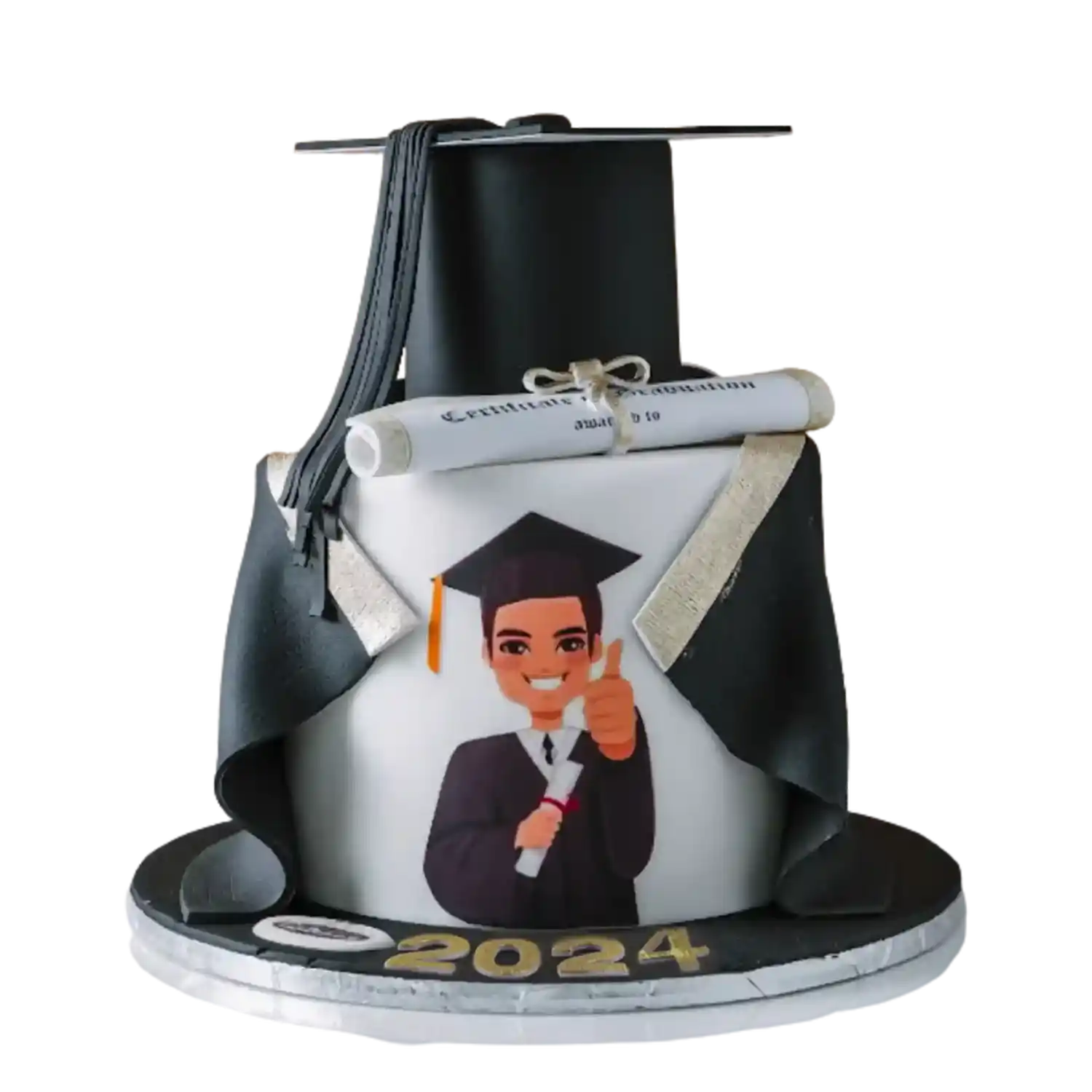 Graduation-themed cake with a cartoon graduate, diploma, and graduation cap on a white background.