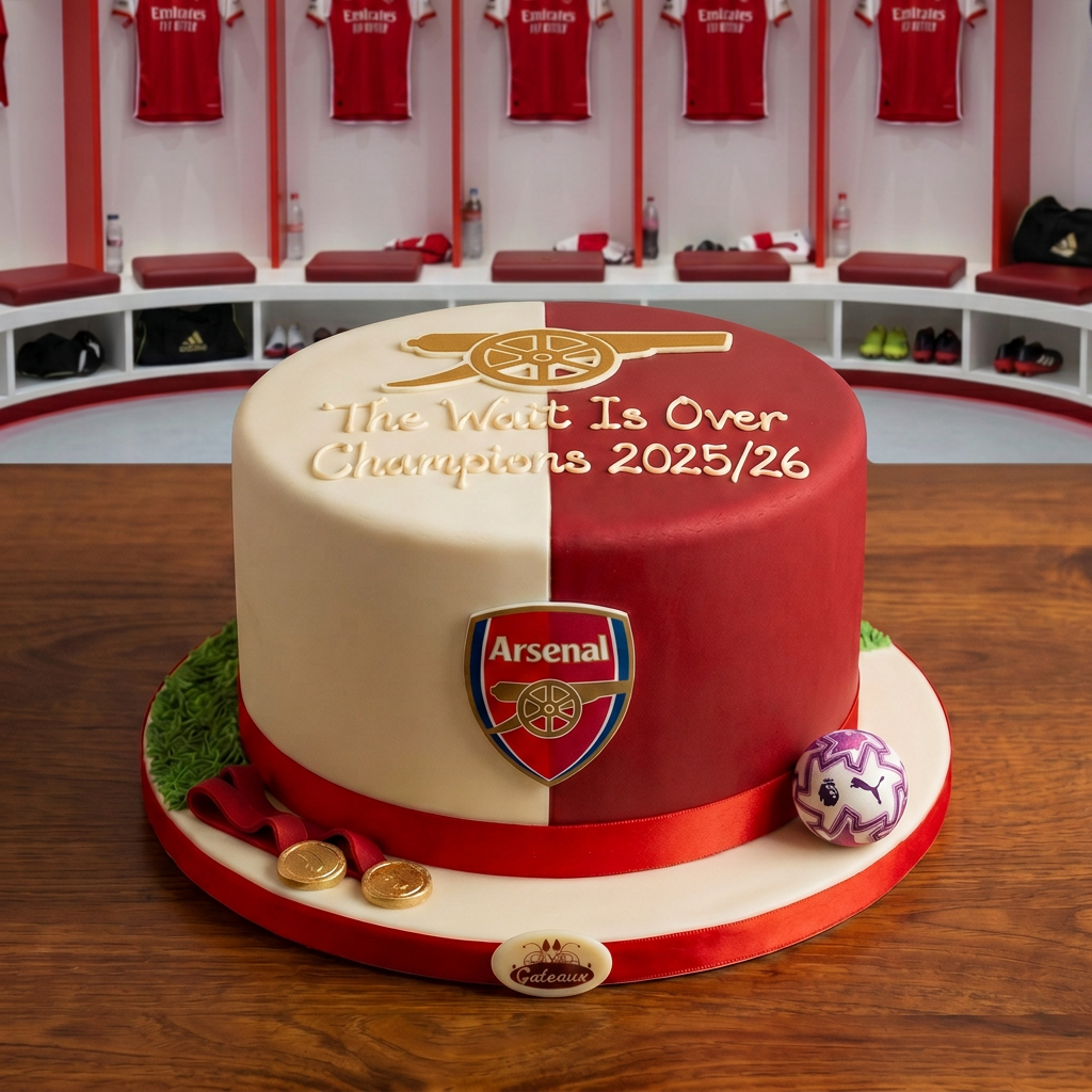 Cake with Arsenal FC logo and text in a locker room setting