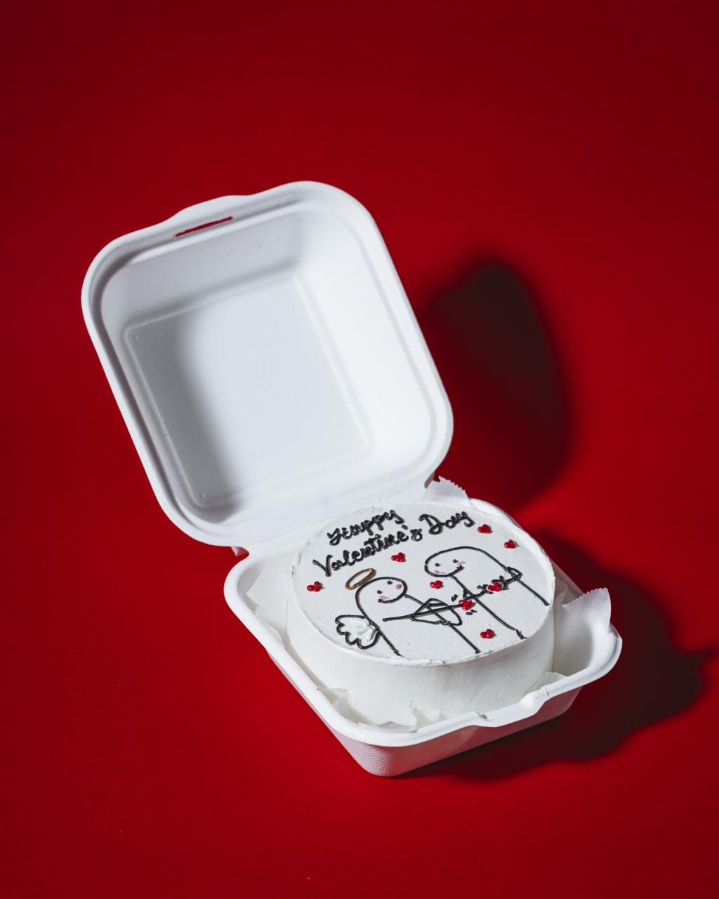 Small cake with 'Happy Valentine's Day' text and dog illustration in a white box on a red background