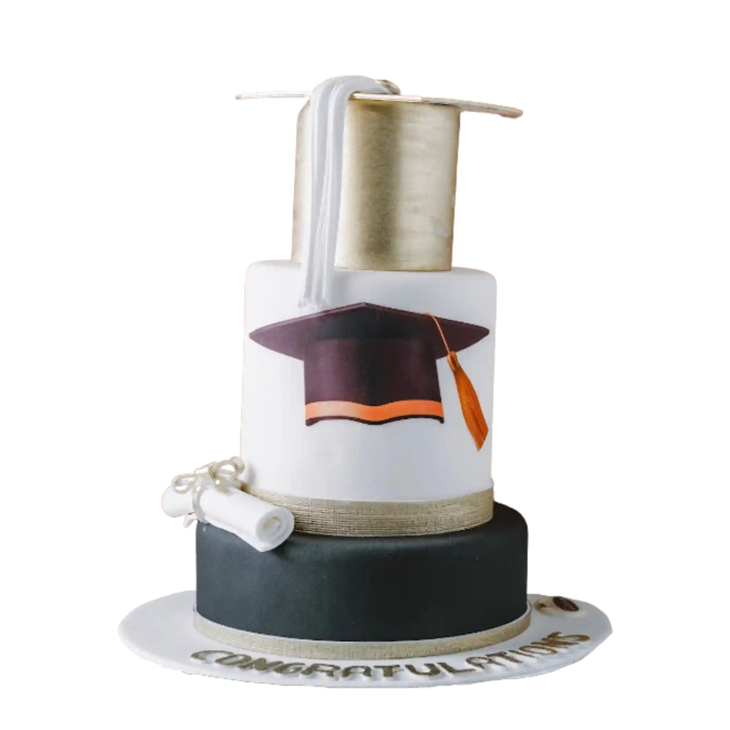 Graduation-themed cake with mortarboard and diploma on a white background