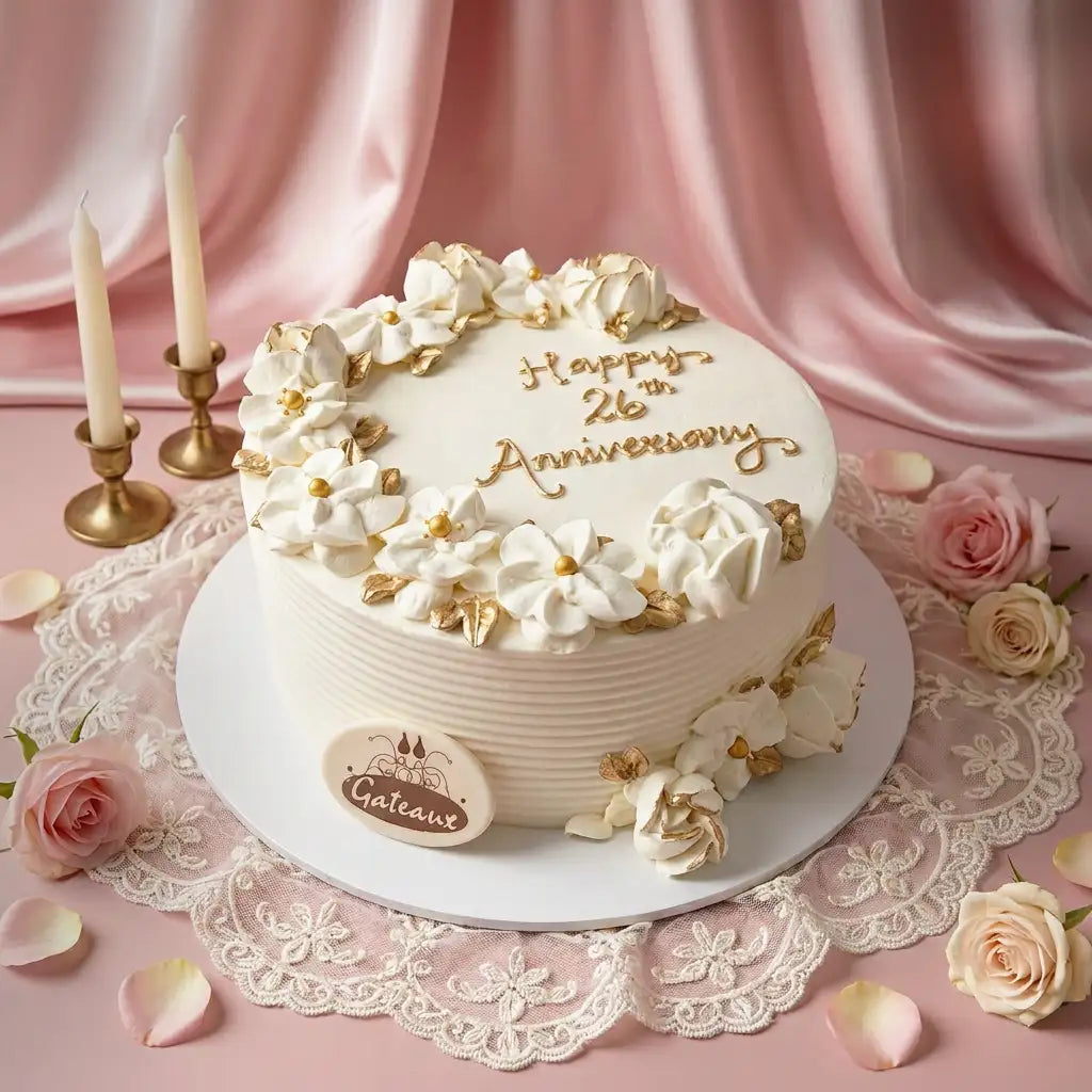 A round white cake decorated with white and gold floral piped frosting, gold lettering reading 'Happy 26th Anniversary,' and a small round cake topper, displayed on a lace doily with pink roses and candles against a pink satin backdrop.