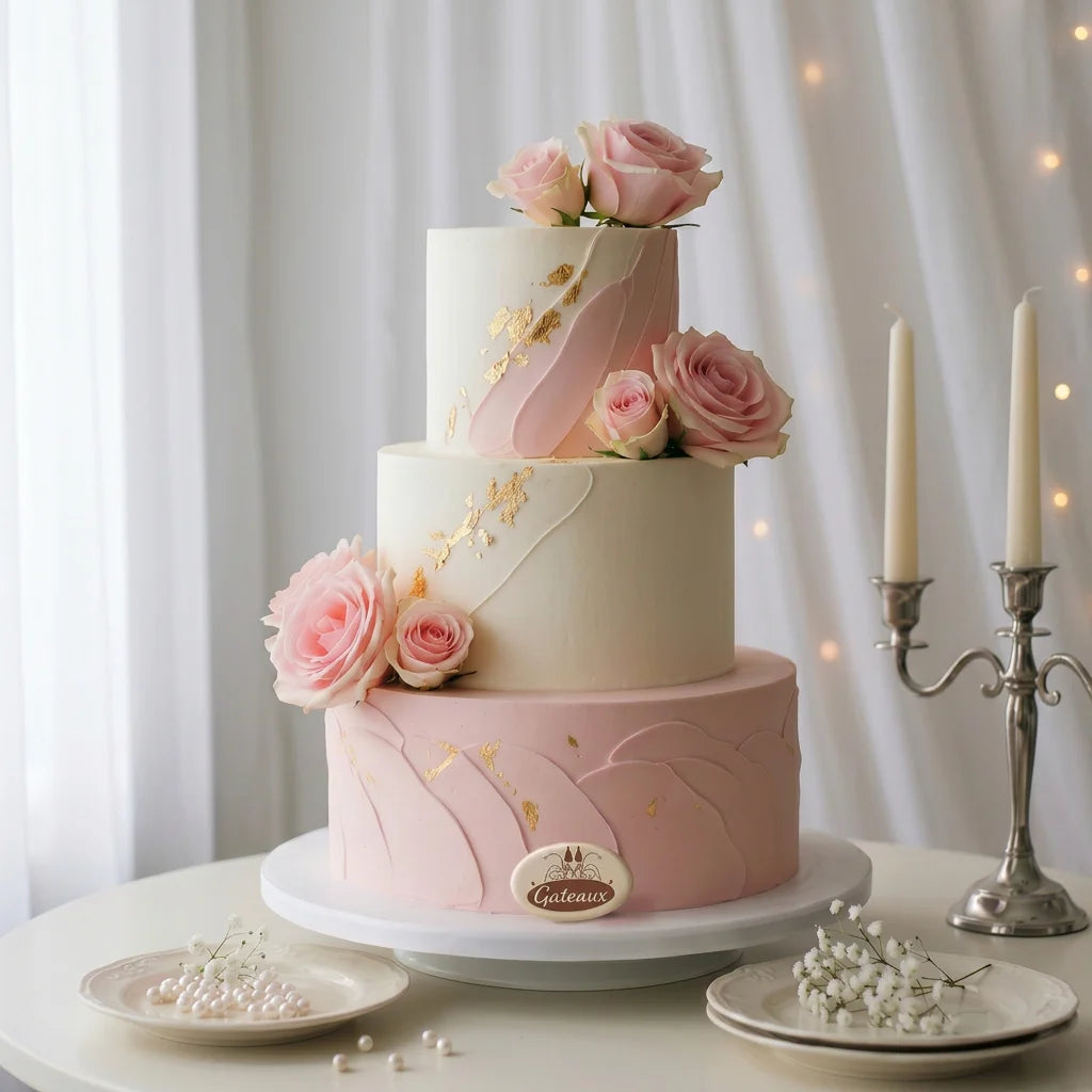 Three-tiered wedding cake with pink and white frosting, decorated with pink roses, on a white table with a soft focus background.