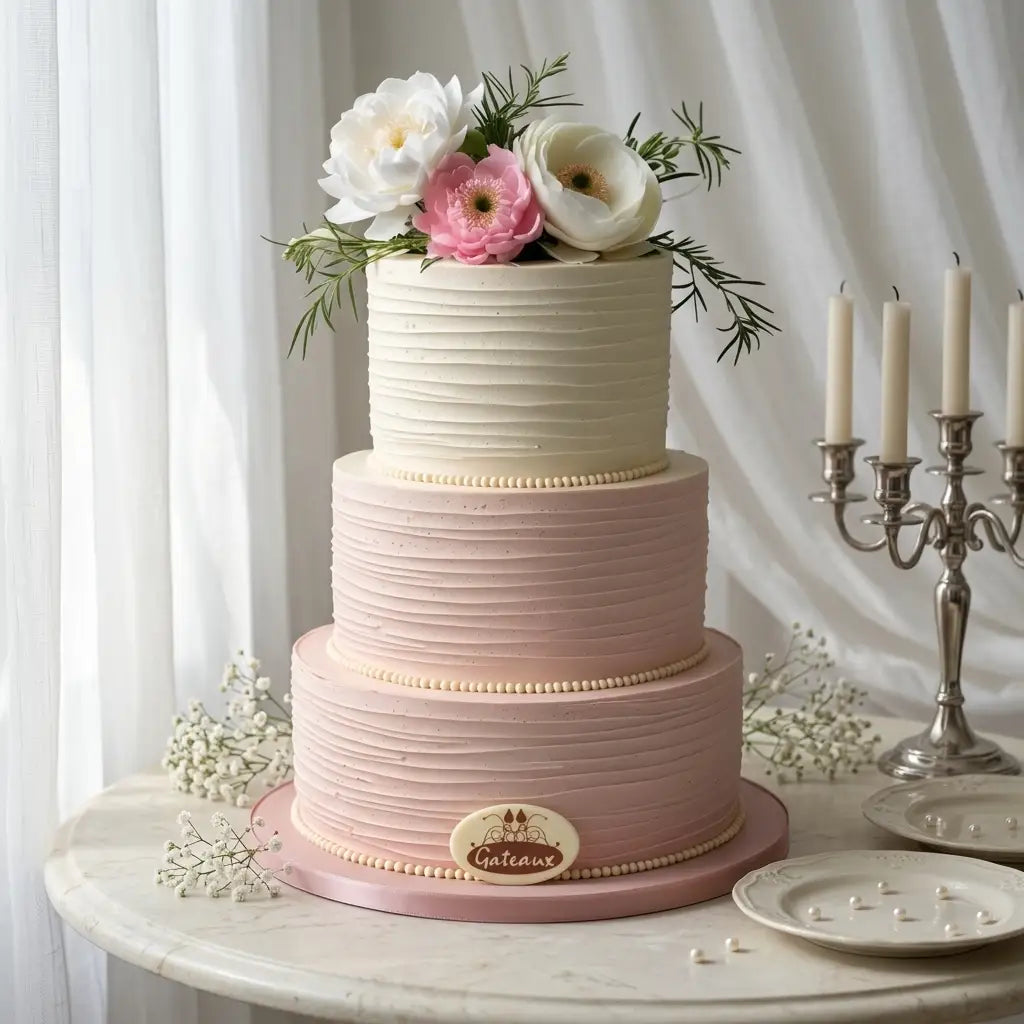A three-tier pastel cake with textured frosting, decorated with white and pink flowers and greenery on top, displayed on a round table with candles and plates in a softly lit indoor setting.