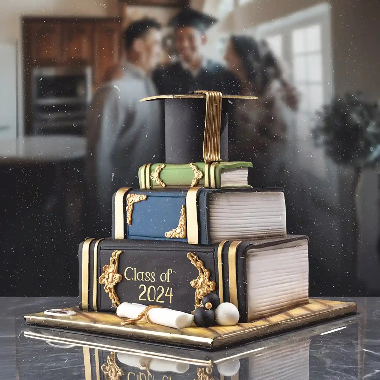 Graduation-themed cake with books and a cap, set against a blurred background of people in graduation attire.