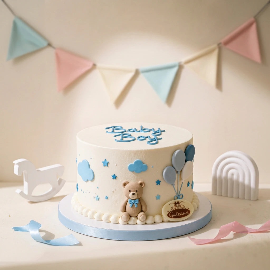 A round white cake decorated for a baby boy birthday, featuring blue icing text, clouds, stars, balloons, a small teddy bear, and a 'Cute Cakes' sign. The cake sits on a light blue and white base on a decorated table with pastel bunting in the background.