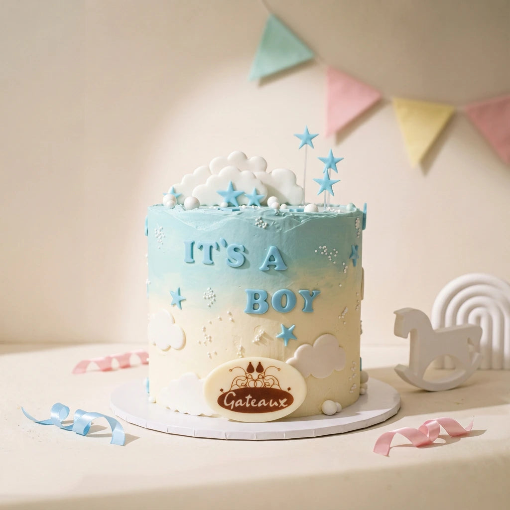 A round baby shower cake with a light blue to cream-white gradient, decorated with clouds, stars, and the words 'IT'S A BOY' in icing. The cake sits on a white board with a round logo plaque that reads 'Gateaux'.