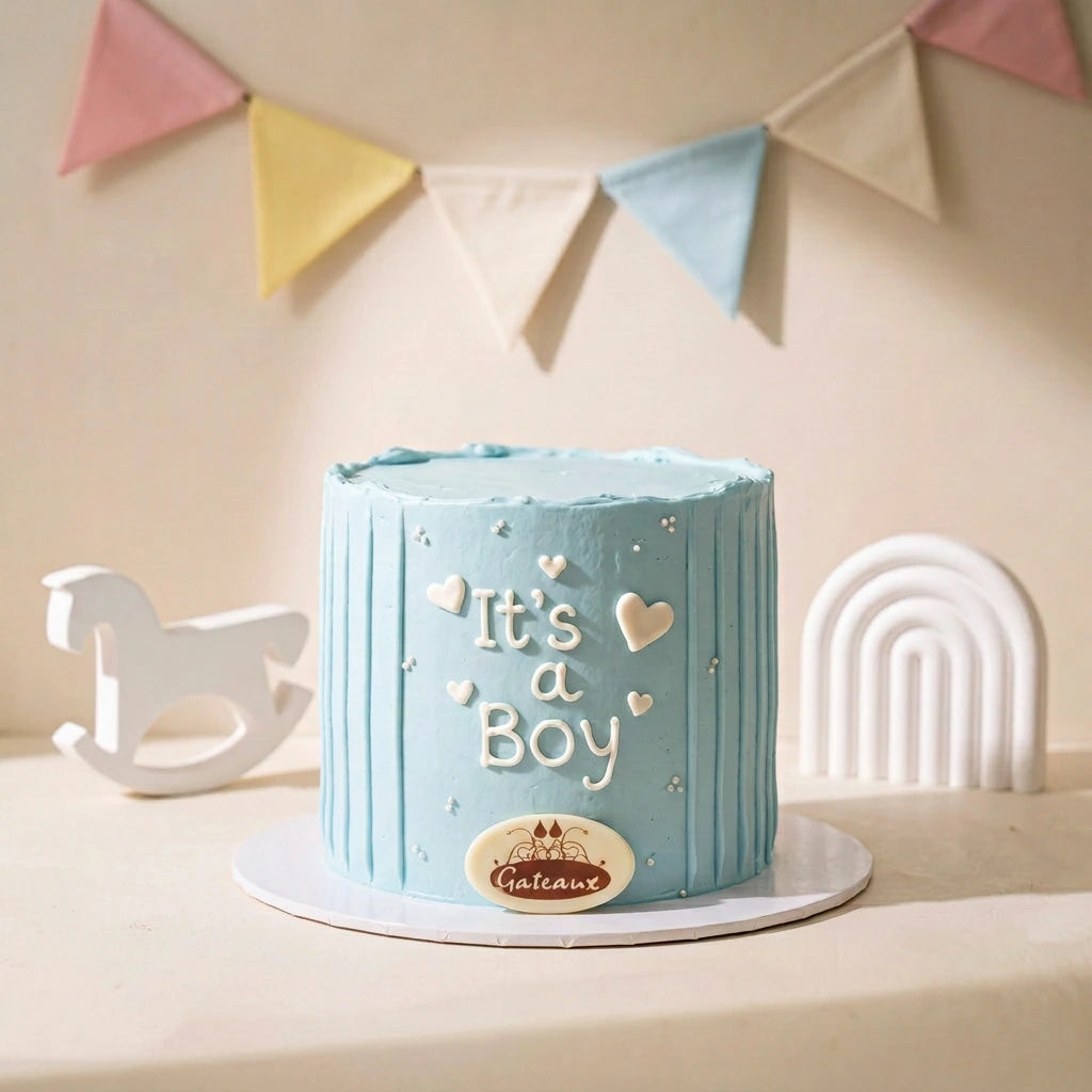 A light blue frosted Baby Boy Shower Cake 'It's a Boy' and a small crown decoration, displayed on a white round cake board with a white rolyoly and a white arch decoration in the background, under a pastel bunting banner.