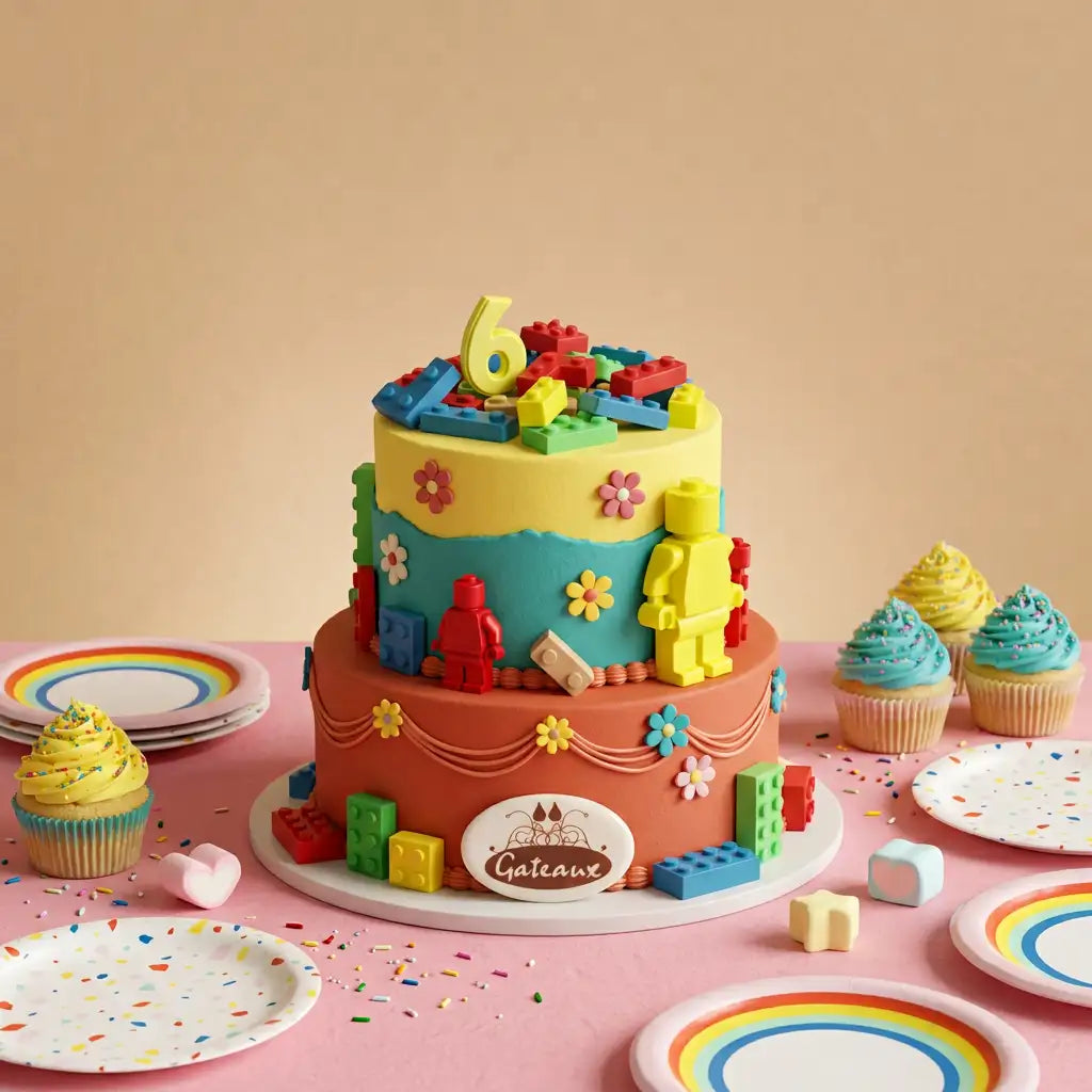 A colorful two-tier cake decorated with toy building block shapes, flowers, and a yellow number 6 candle, displayed on a pink table with matching cupcakes and rainbow-edged plates.