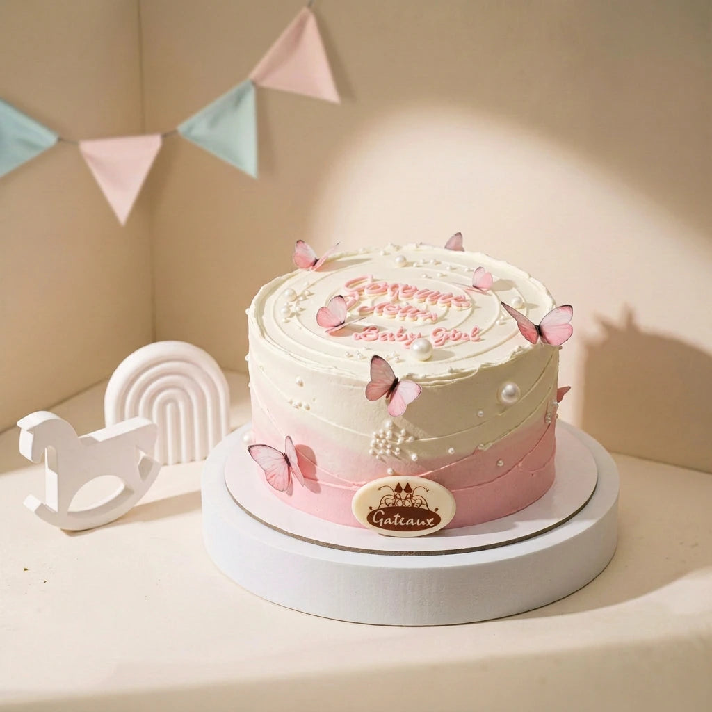 A round Baby Girl Shower Cake with white and pink frosting, decorated with butterfly toppers and a small cake topper reading 'Happy Birthday Baby Girl', displayed on a white pedestal with baby-themed decorations in the background.