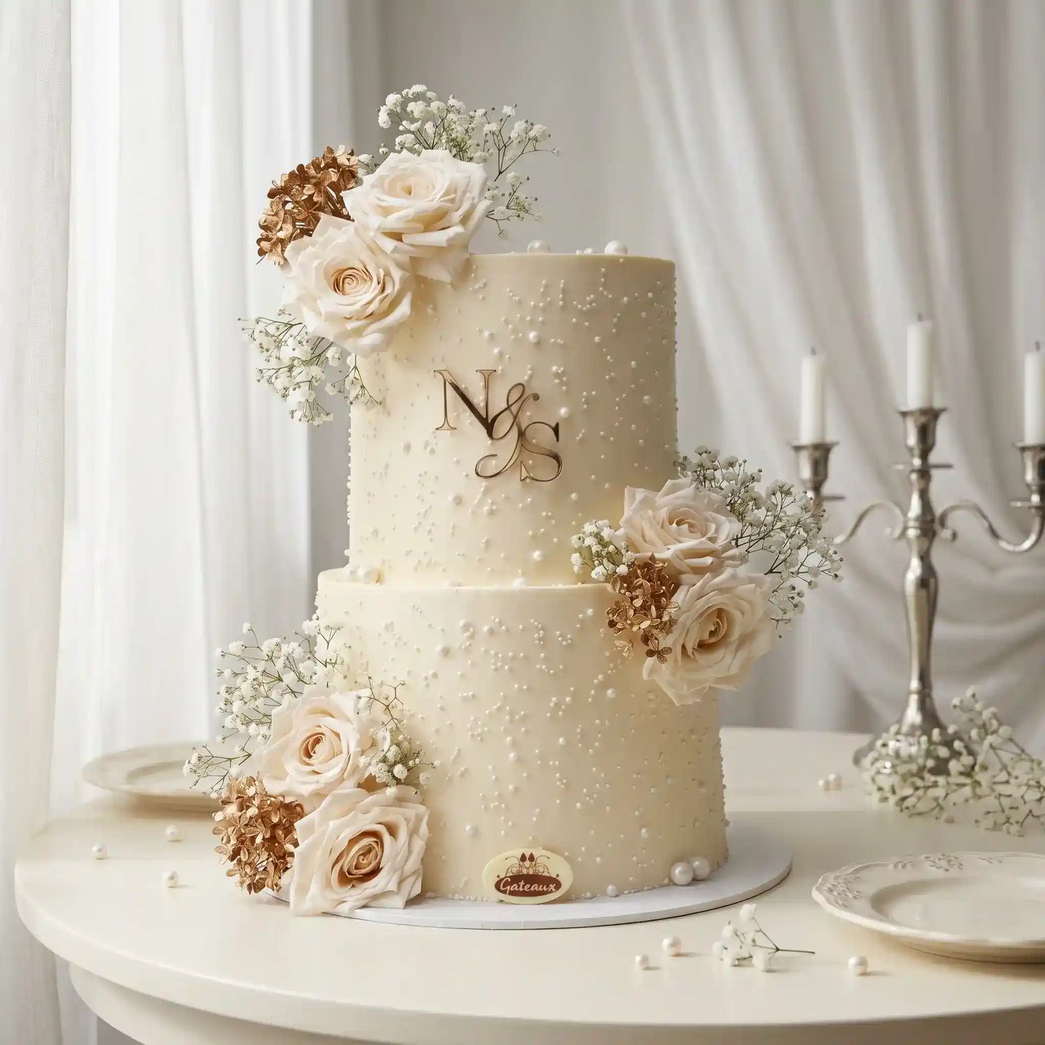 A two-tier cream wedding cake decorated with white roses, gold rose accents, baby's breath, and a gold 'N & S' monogram, displayed on a white table with a candelabra in the background.
