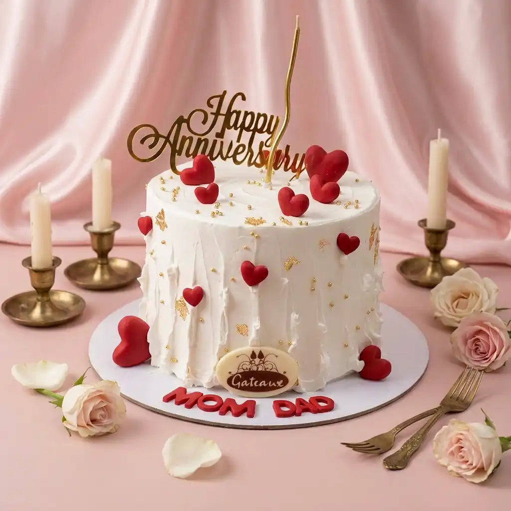 A white frosted anniversary cake decorated with red hearts, gold leaf, and a gold 'Happy Anniversary' topper, displayed on a pink satin backdrop with candles, roses, and forks around it.