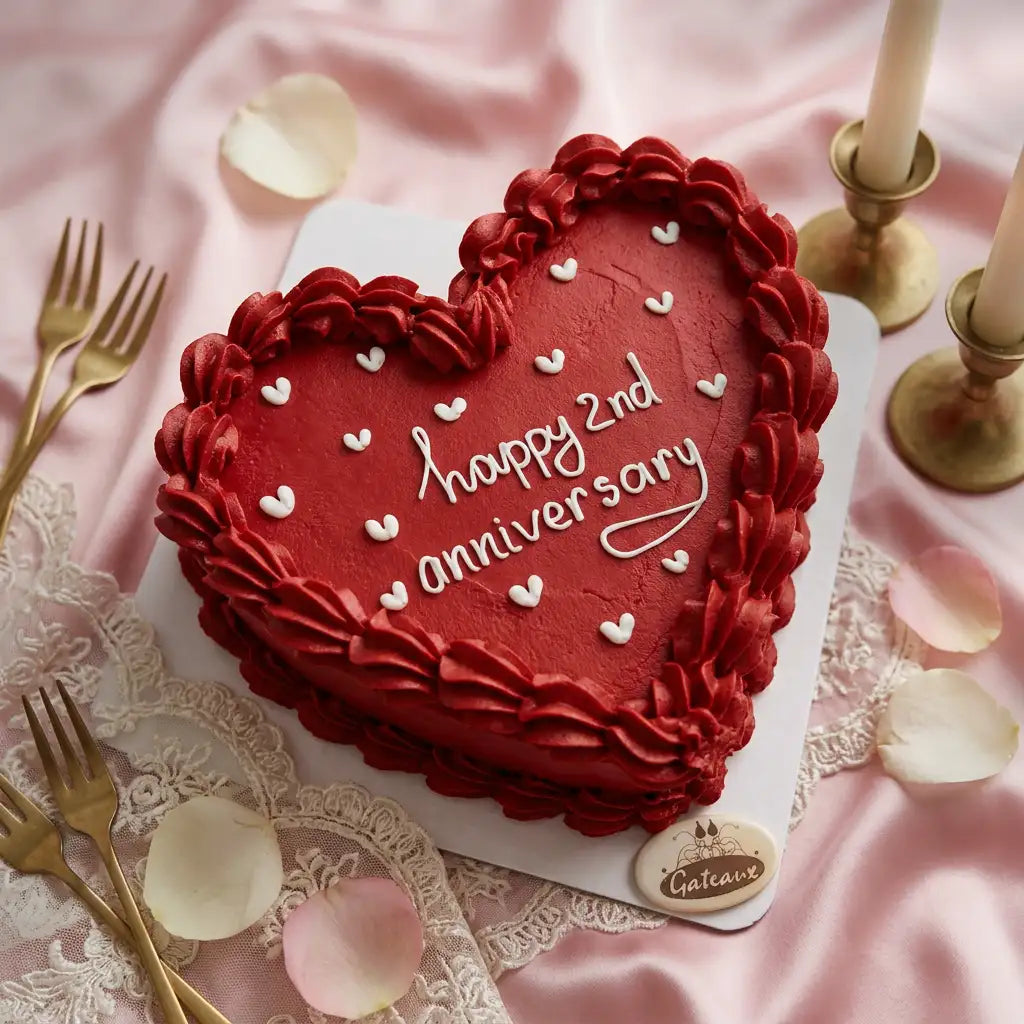 A heart-shaped red cake decorated with piped frosting borders, small white heart details, and the words 'happy 2nd anniversary' in white script. The cake sits on a white board over pink satin fabric with lace, gold forks, candlesticks, and scattered rose petals.