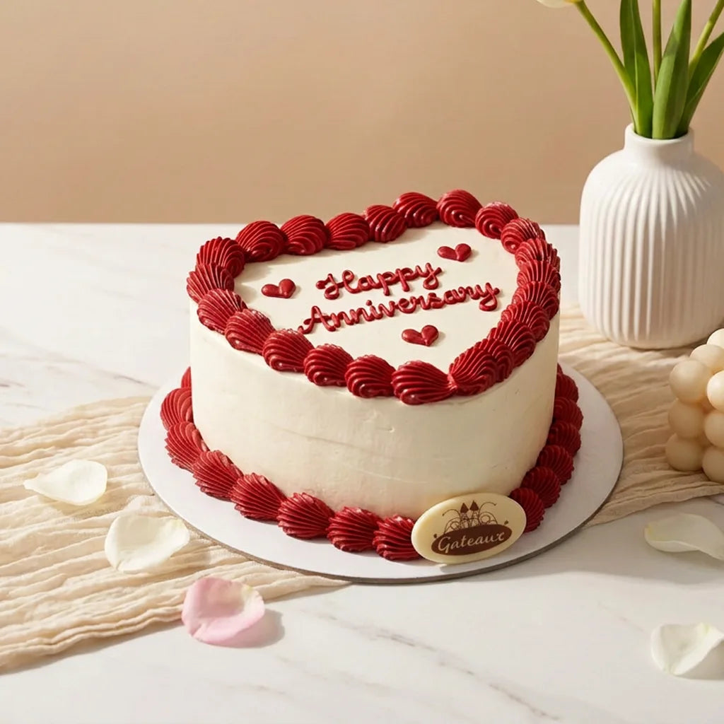 A heart-shaped anniversary cake with white frosting, red piped borders, and 'Happy Anniversary' written in red icing on top, displayed on a marble surface with decorative petals, a vase, and grapes in the background.