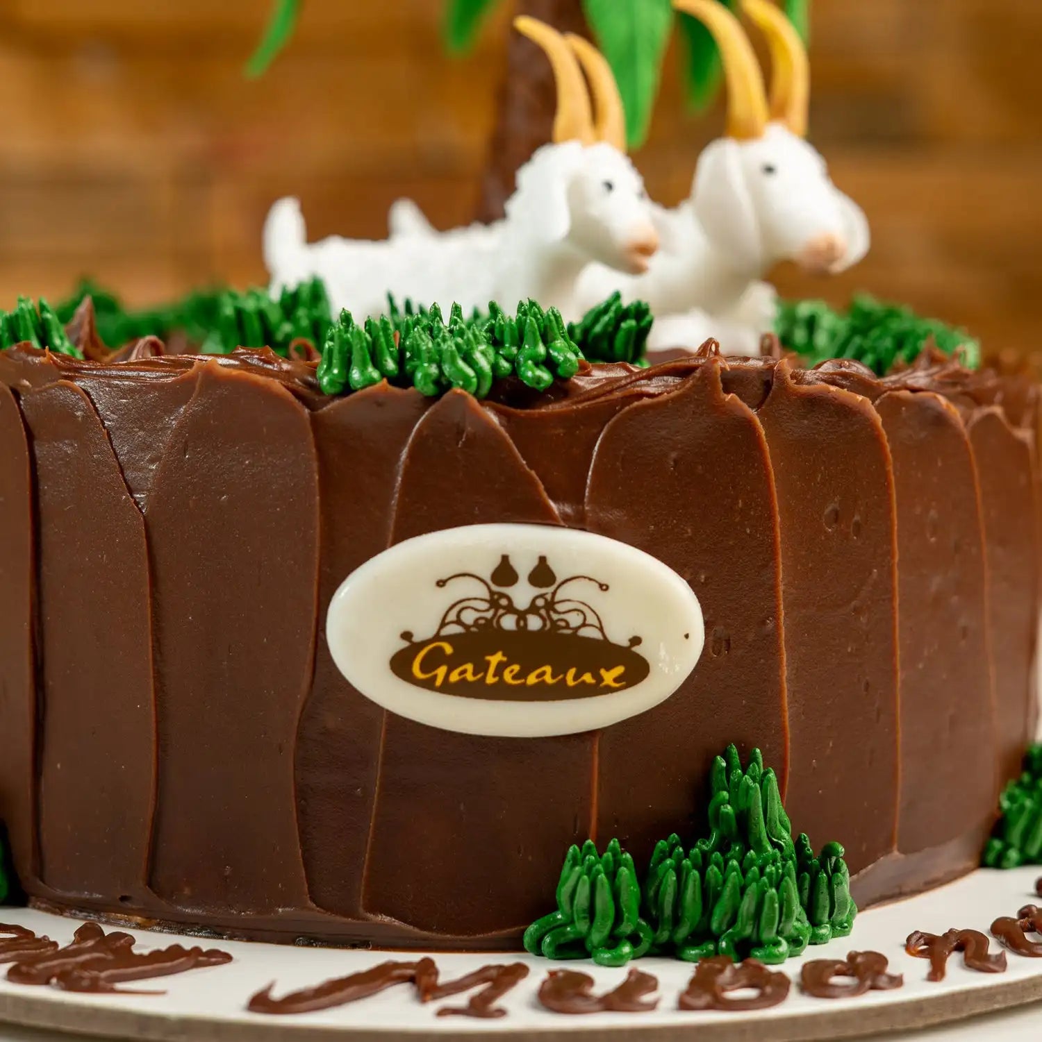 Chocolate cake with decorative elements resembling a landscape and 'Gateaux' branding.