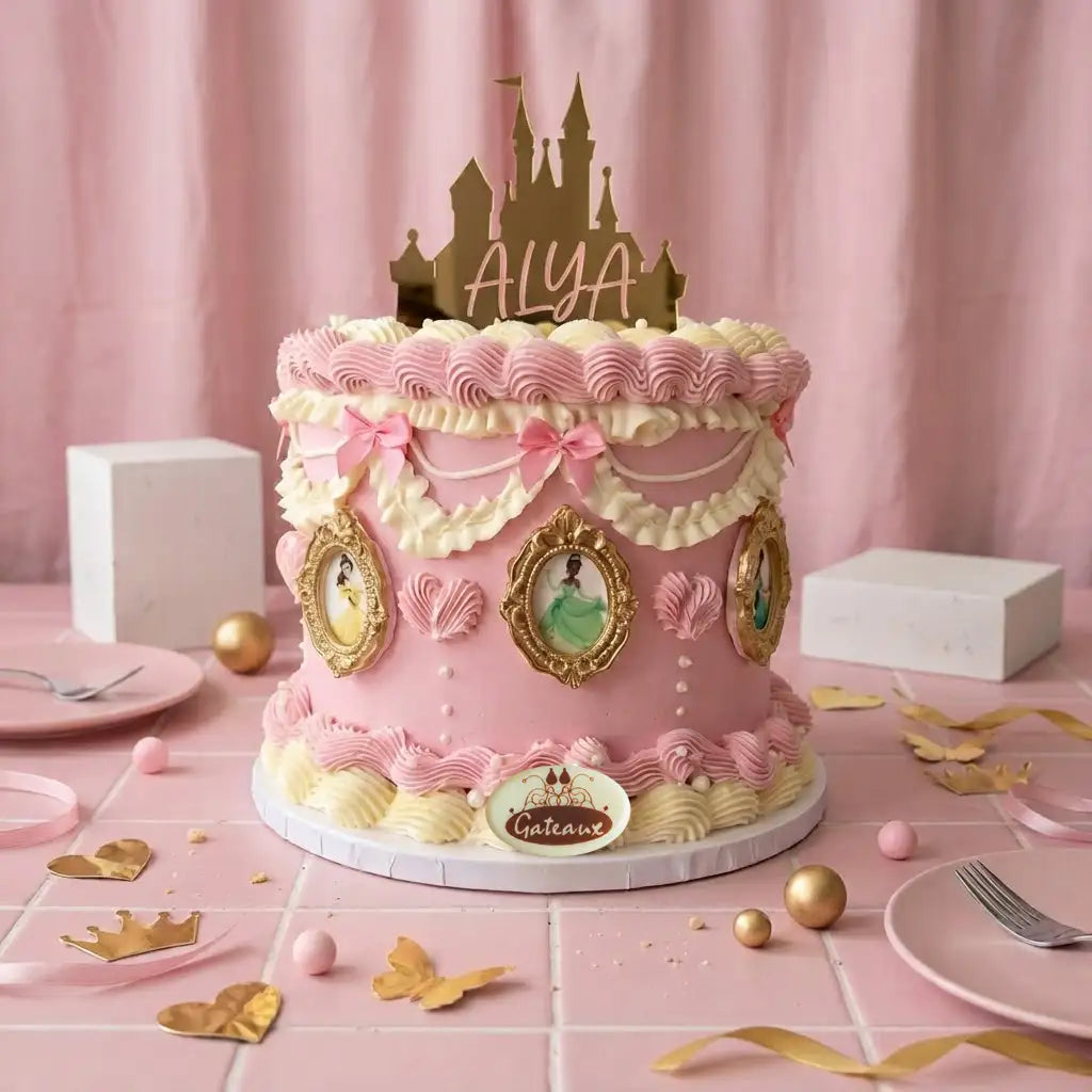 A pink and cream royal theme birthday cake decorated with piped frosting, pink bows, gold frames, and character illustrations, topped with a gold castle topper reading 'ALYA'.
