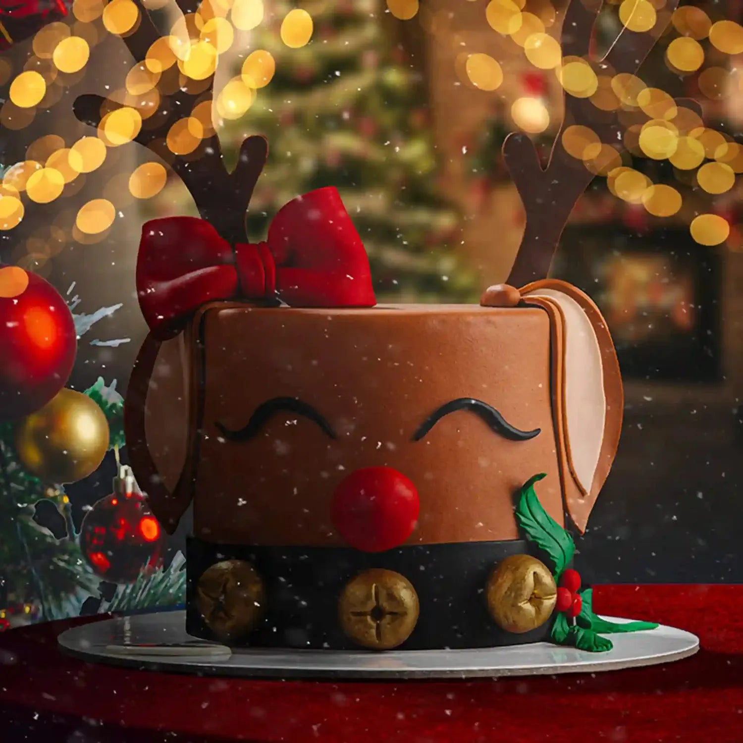Decorative cake shaped like a reindeer with a Christmas tree and lights in the background