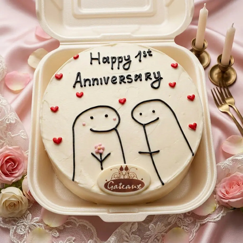 A round white cake in a beige take-out container lid, decorated with 'Happy 1st Anniversary' in black icing, small red heart candies, two simple black line figures, and a small 'Galaave' logo at the bottom. The cake is styled on pink satin fabric with roses, candlesticks, and forks.