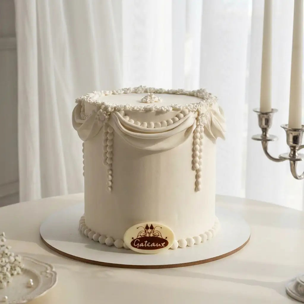 Two-tier wedding cake with delicate white fondant swags and pearl bead detailing