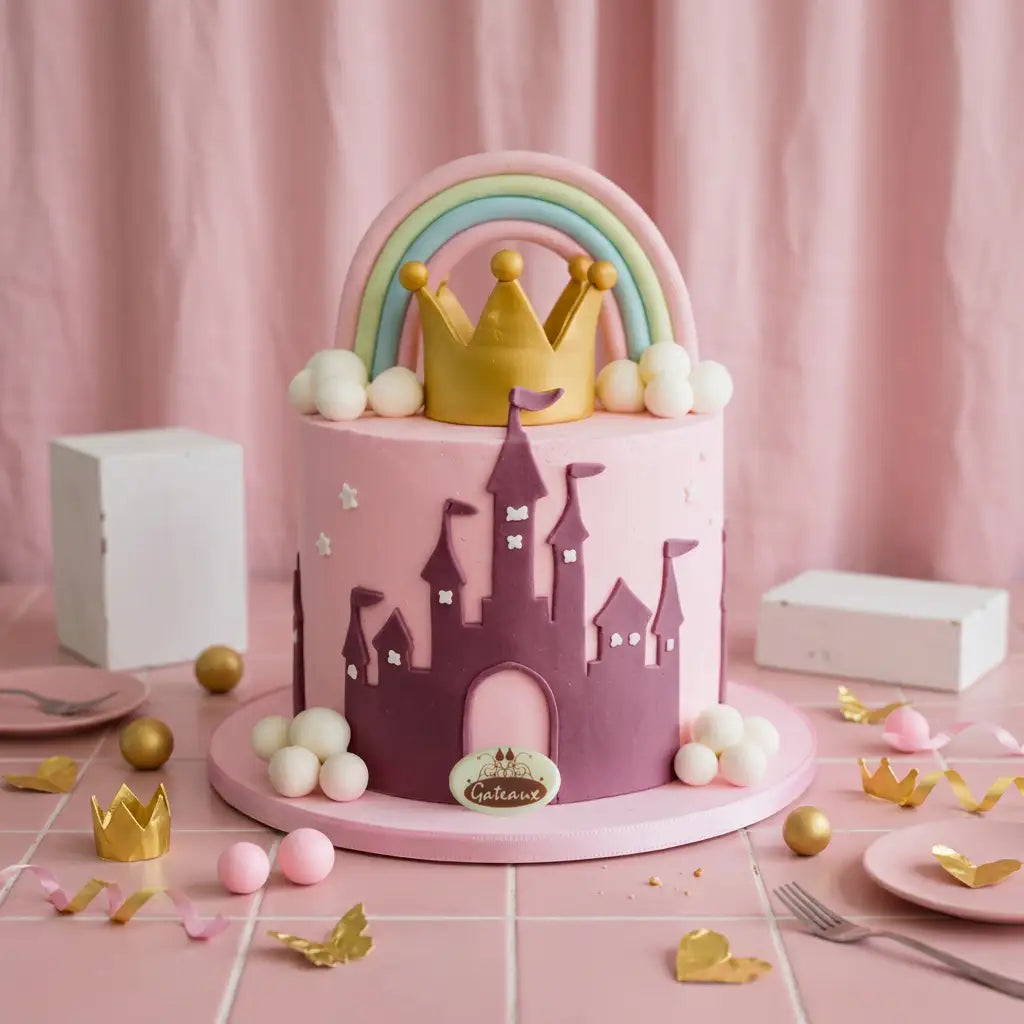 A pink and purple castle-themed birthday cake decorated with a gold crown, pastel rainbow, and white clouds, set on a pink tablecloth with party decorations.