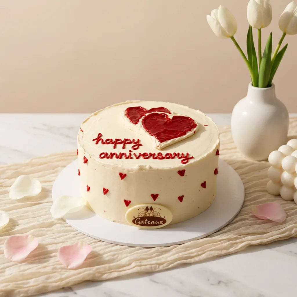 A round anniversary cake with white frosting, red heart decorations, and 'happy anniversary' written in red icing on top. The cake sits on a white plate on a beige textured runner, with pink rose petals scattered around, a white vase of tulips, and a decorative pearl cluster in the background.