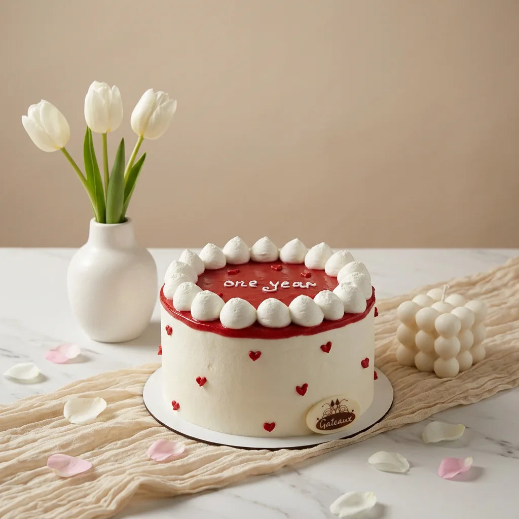 A round Anniversary cake with white frosting, red heart decorations, and a red top with white piped frosting, placed on a marble surface with a beige cloth. White tulips in a white vase and a bubble candle are in the background.