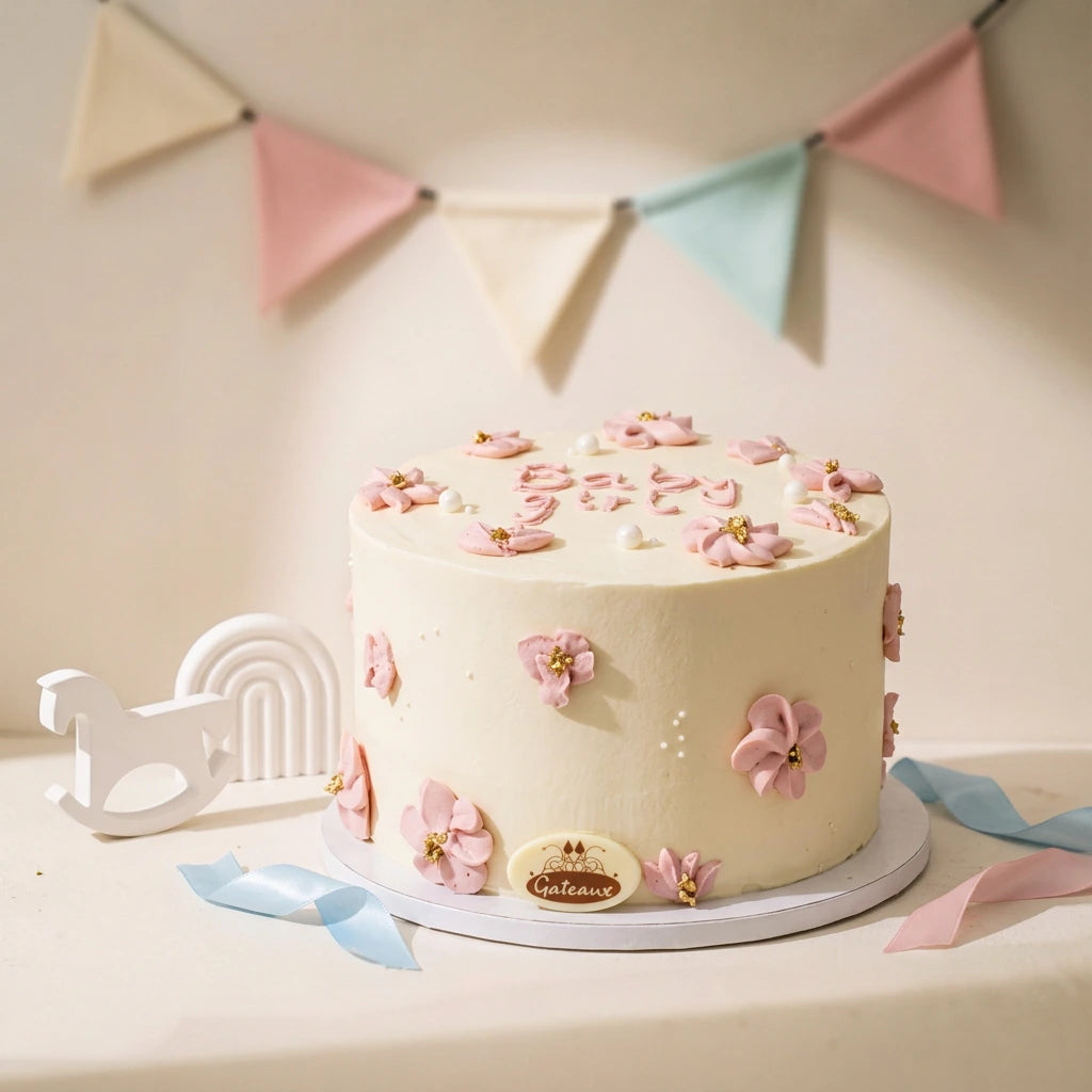 A round white frosted cake decorated with pink flower motifs and small pink heart details on top, displayed on a white round stand. The cake is styled with a white wooden rainbow and rocking horse decoration, pastel ribbons, and a pastel bunting banner in the background.