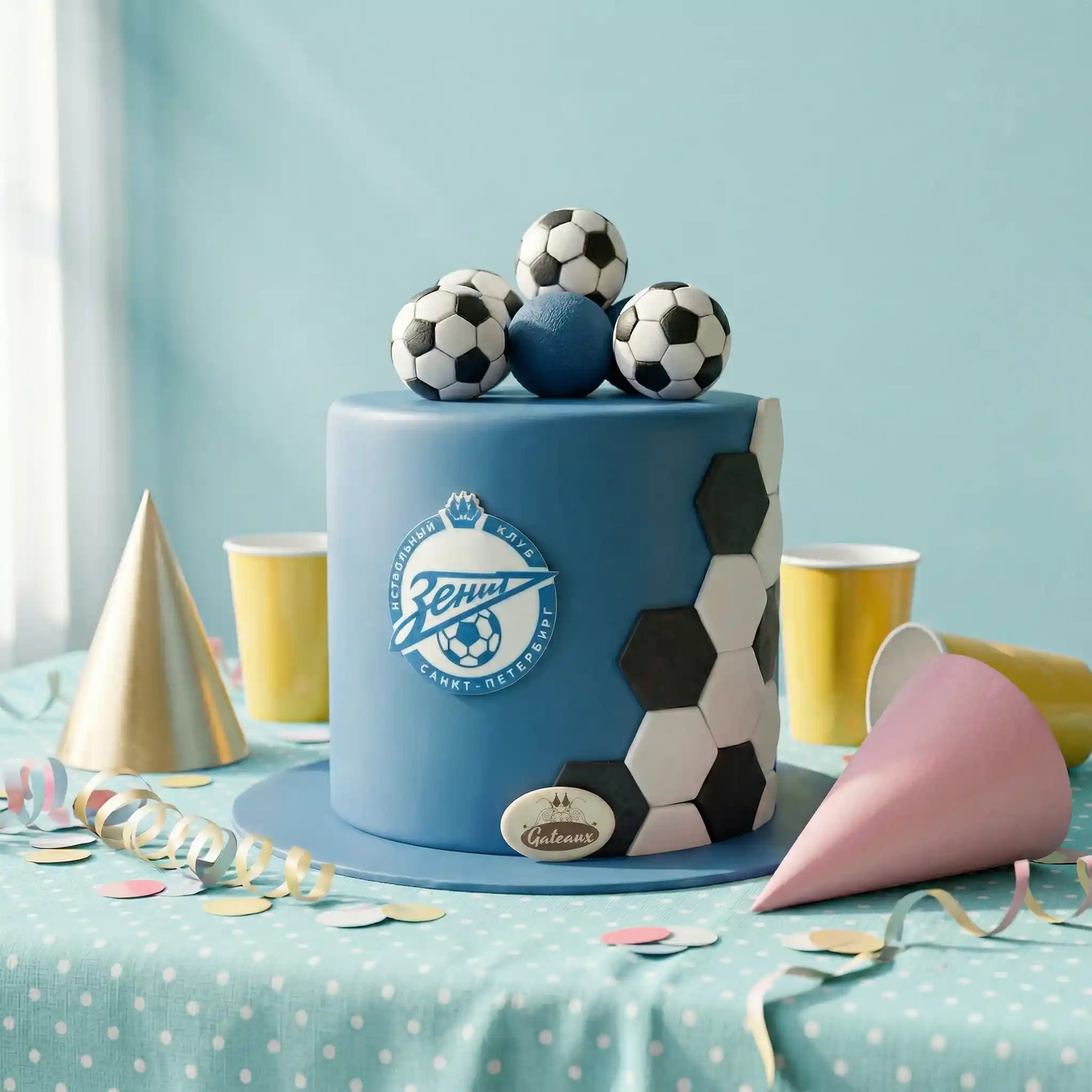 A blue birthday cake decorated with soccer balls and a soccer team crest, styled on a table with party hats, cups, and confetti against a light blue background.