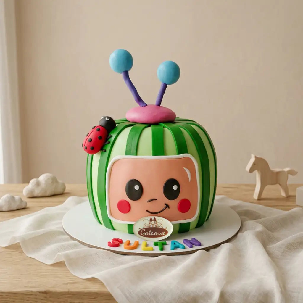 A custom 3D Cocomelon-themed birthday cake shaped like a green striped watermelon with a cartoon face, blue antennae, and a ladybug decoration, displayed on a wooden table with a neutral background.