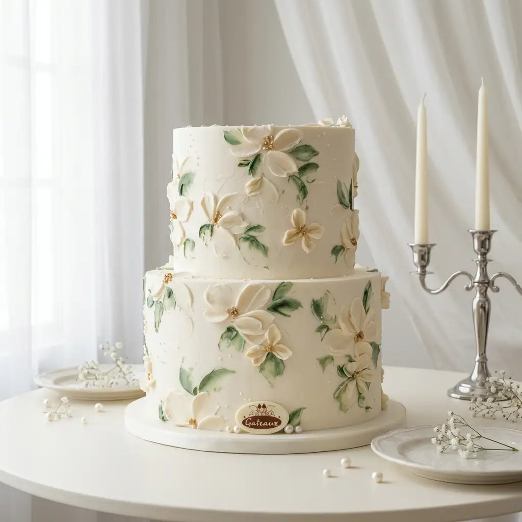 A two-tier white wedding cake decorated with 3D white flowers and green leaves, displayed on a round white table with a silver candlestick and white drapery in the background.