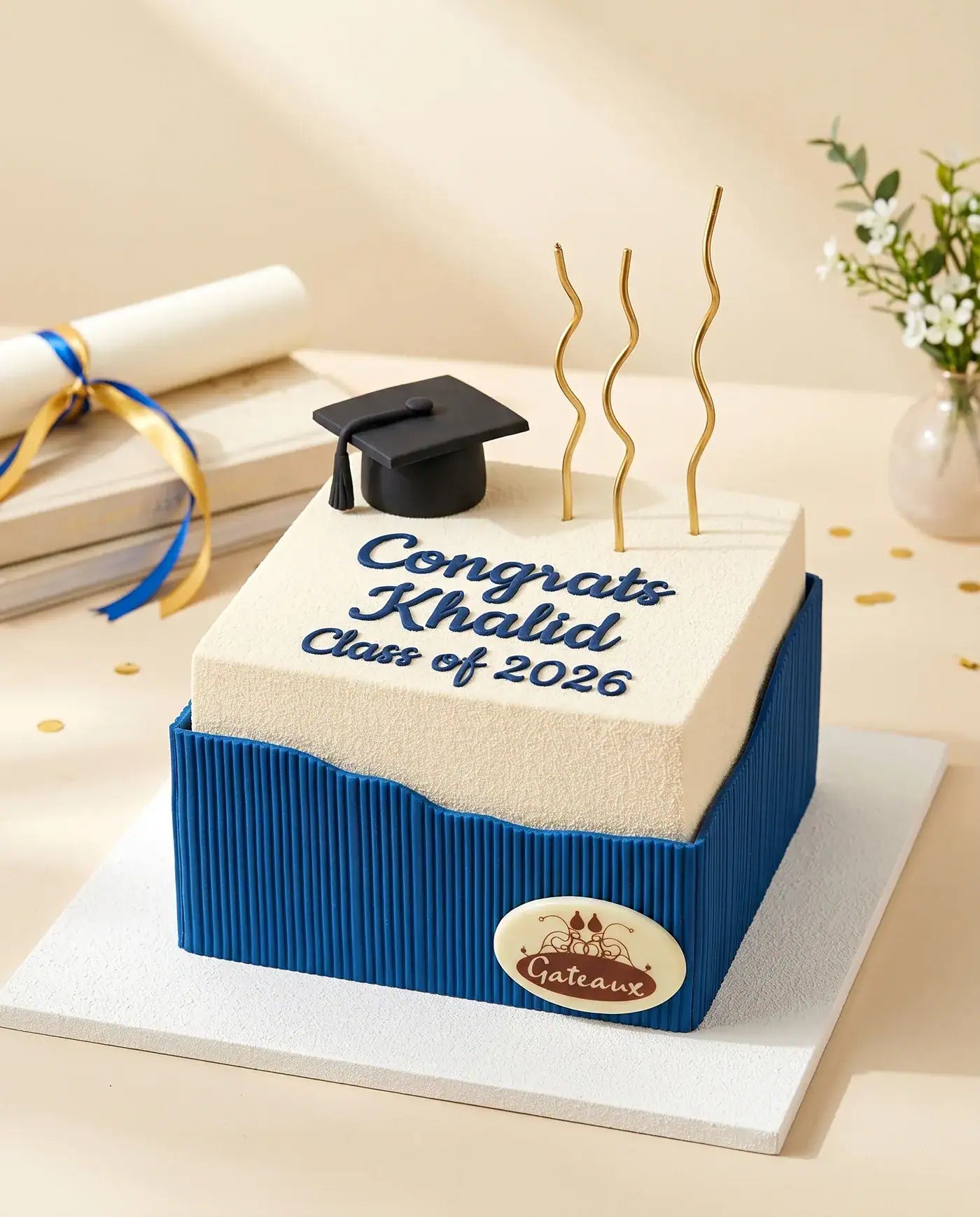 Graduation-themed cake with a blue base and white top, featuring a small black graduation cap and 'Congrats Khalid Class of 2026' text.