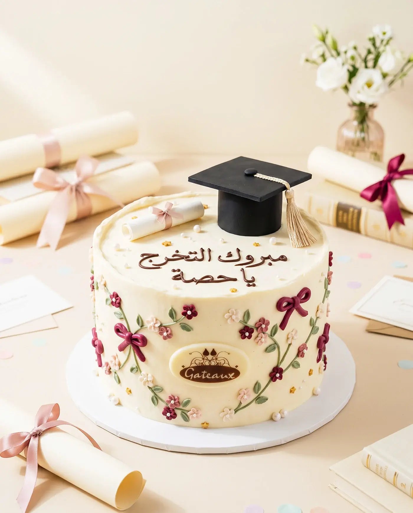 Graduation-themed cake with a black graduation cap on a decorative table.