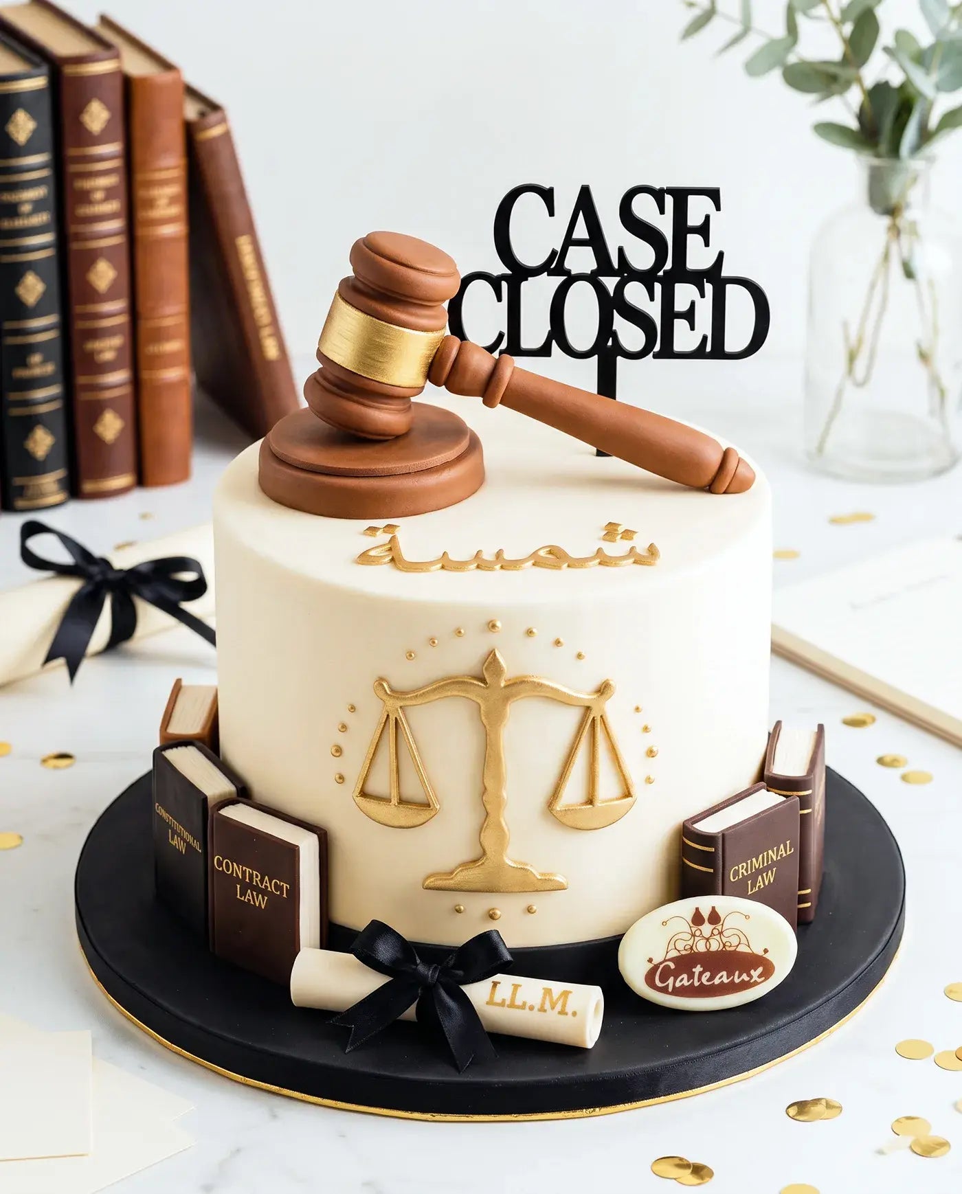 Cake with a gavel, books, and 'Case Closed' text, resembling a lawyer's celebration.