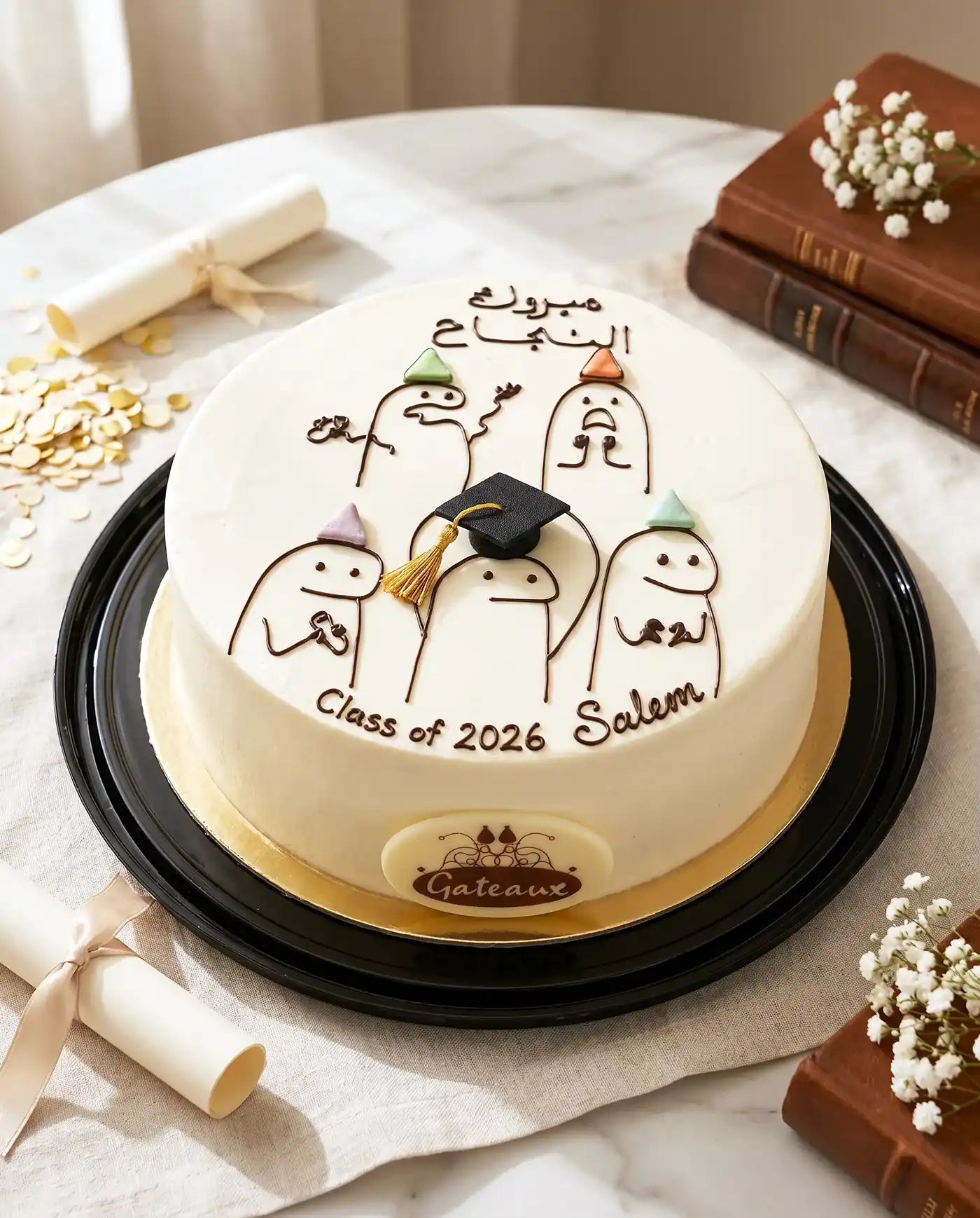 Graduation-themed cake with cartoon penguins and text on a white surface.