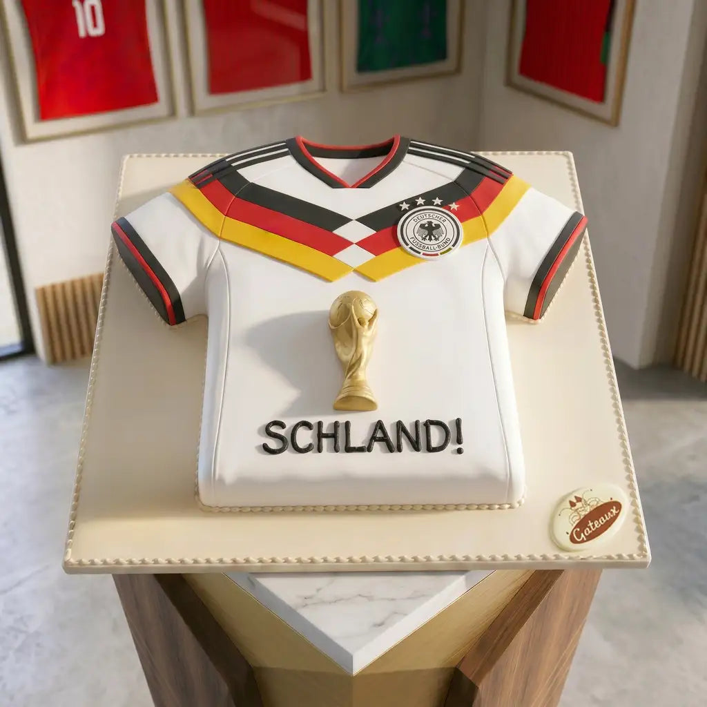 Cake designed like a German soccer jersey with a gold trophy and 'SCHLAND!' text, placed on a stand.