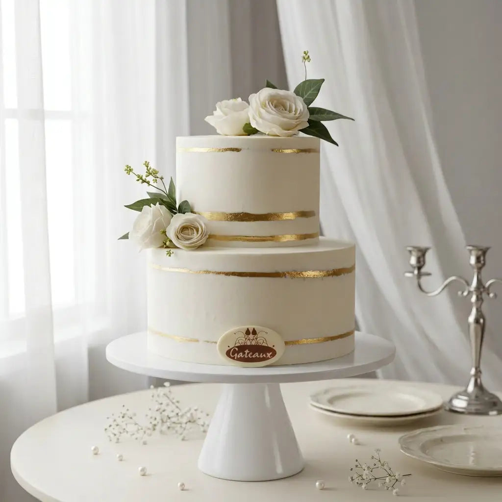A two-tier white cake with gold foil bands and white roses, displayed on a white pedestal stand on a table with plates and a silver candelabra in a softly lit room.