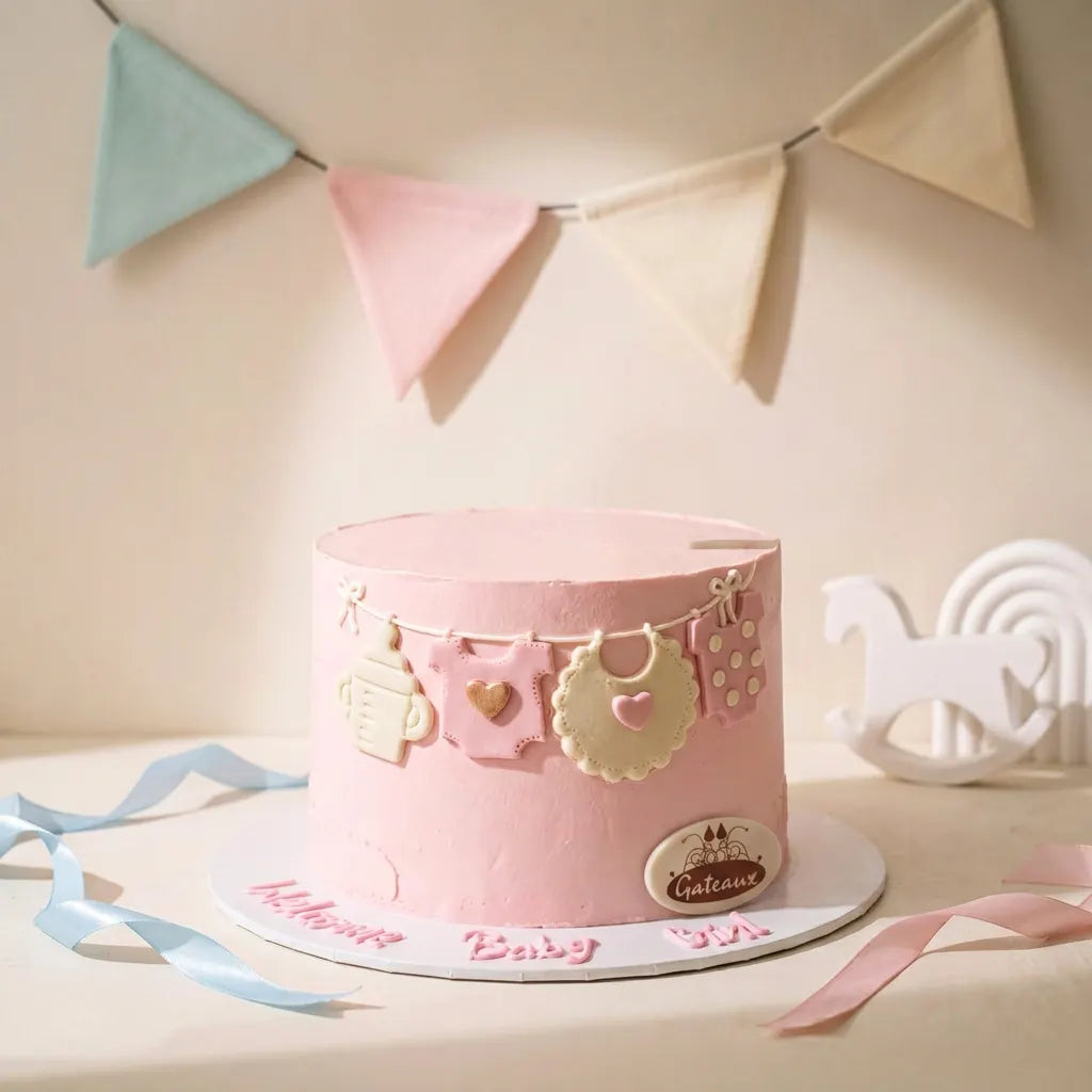 A pink baby shower cake decorated with edible bibs, a pacifier clip, and a heart, displayed on a white board with 'Happy Baby Mom' written in icing. The scene is decorated with pastel bunting and a white rocking horse.