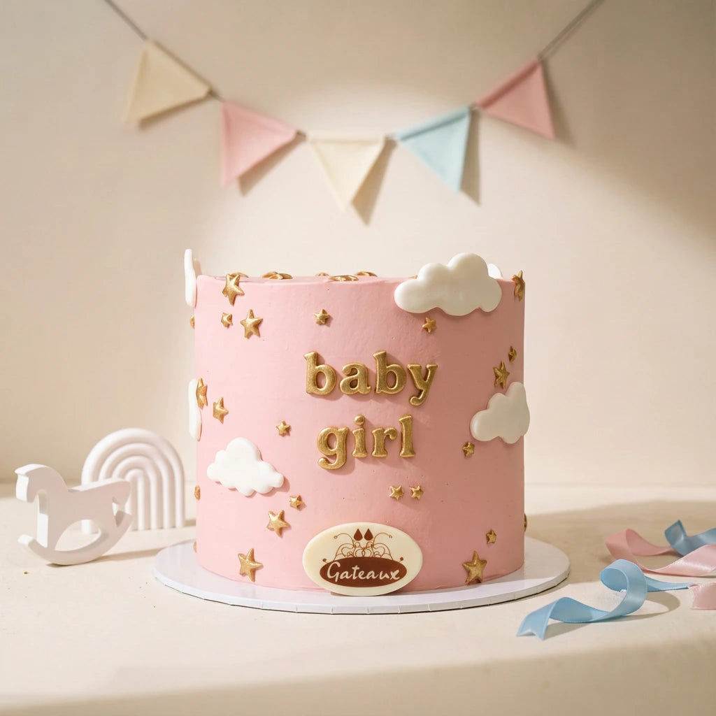 A pink frosted cake decorated with gold foil stars and letters spelling 'baby girl', topped with white fondant clouds, displayed on a white round board with pastel bunting and baby-themed props in the background.