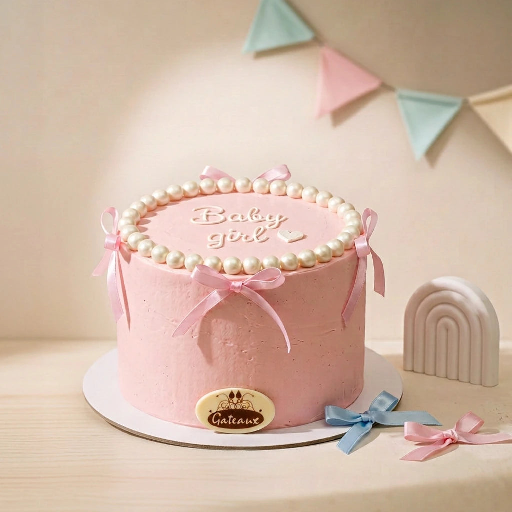 A pink frosted baby shower cake on a white round board, decorated with pearl-like beads around the top edge, pink and blue ribbon bows, and the words 'Baby girl' in white icing. A small oval plaque on the front reads 'Gastone'.