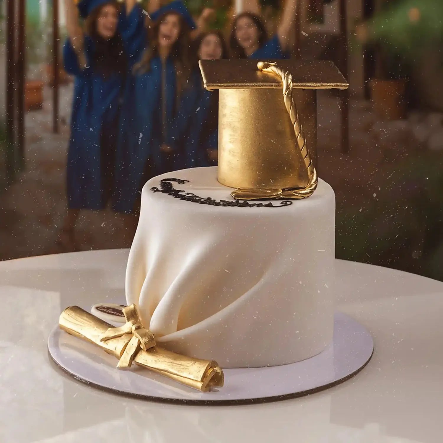Graduation-themed cake with gold cap and diploma on a blurred graduation ceremony background