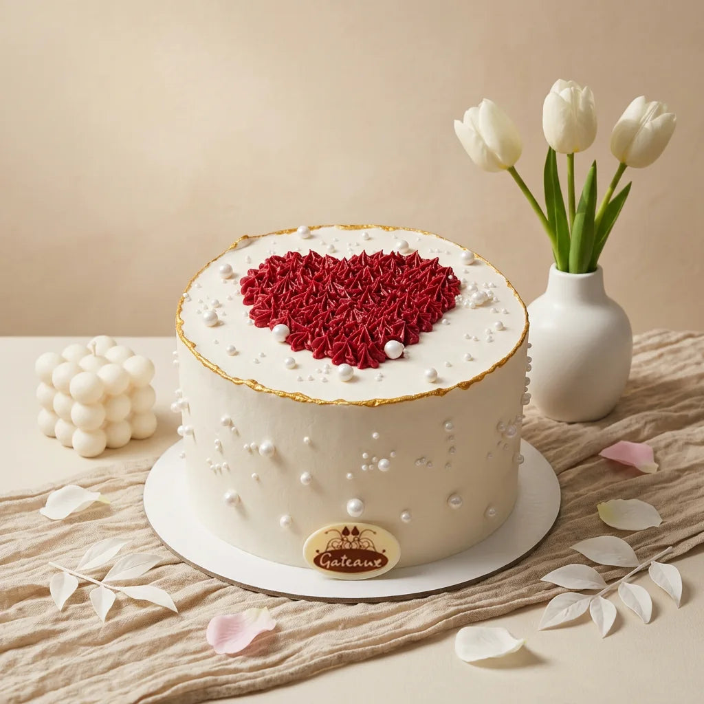 A round white frosted cake with a red heart-shaped rosette on top, decorated with white pearl-like dots and a gold rim, set on a beige surface with tulips in a vase and soft decorative props around it.