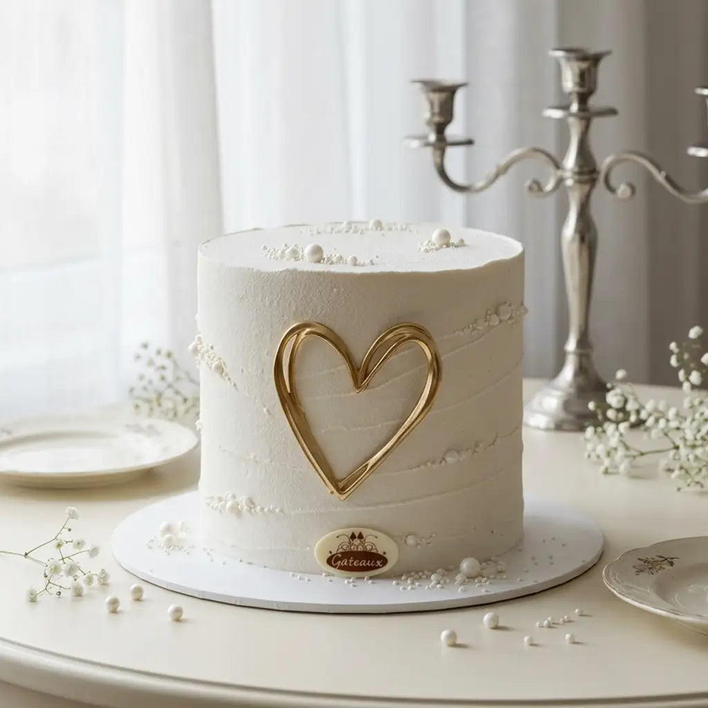 A white frosted cake with a large gold heart outline on the front, displayed on a round white cake board on a table with decorative plates, baby's breath, and a silver candelabra in the background.