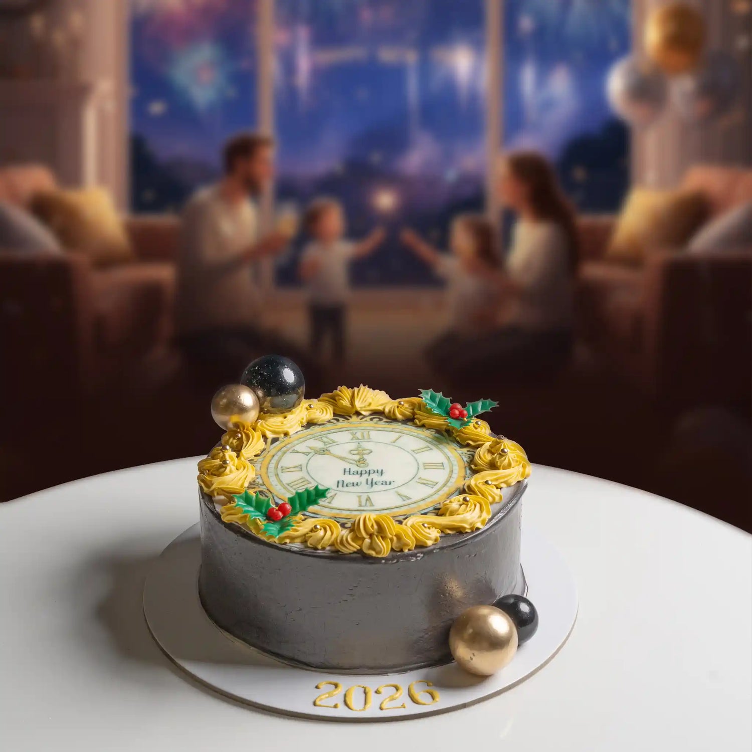 New Year's cake with decorative elements on a table, blurred background of people celebrating.