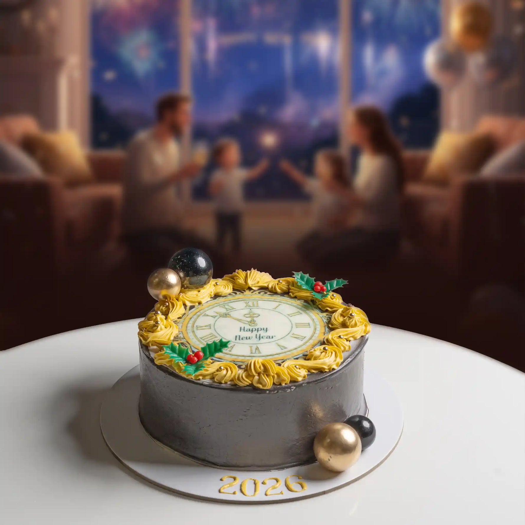 New Year's cake with decorative elements on a table, blurred background of people celebrating.